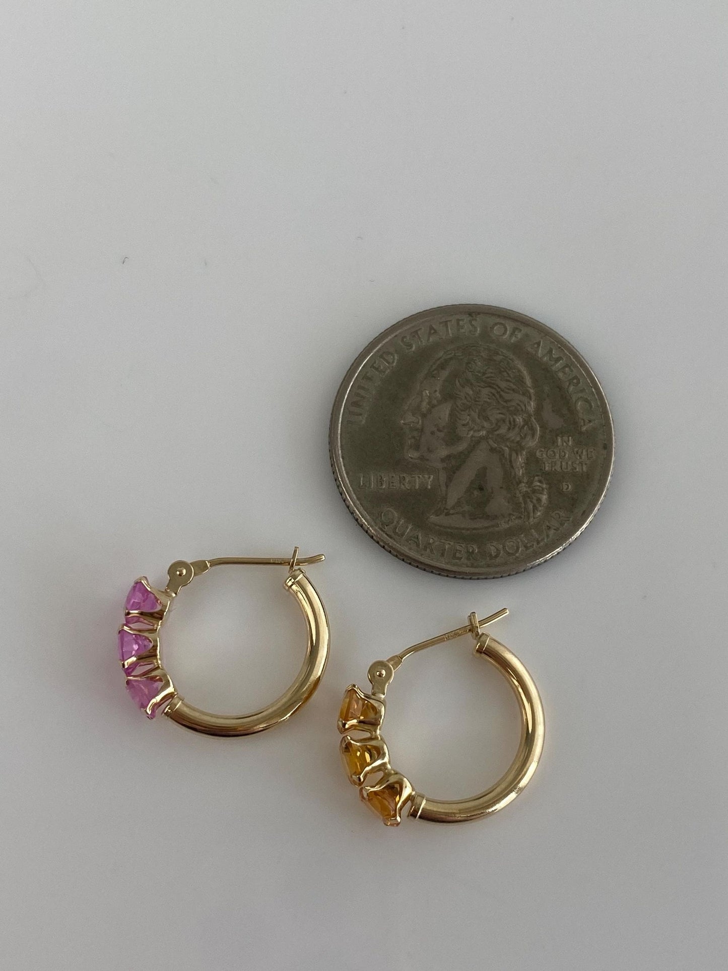 Vintage 14k Yellow Gold Pink Sapphire & Citrine Mismatch Hoop Earrings