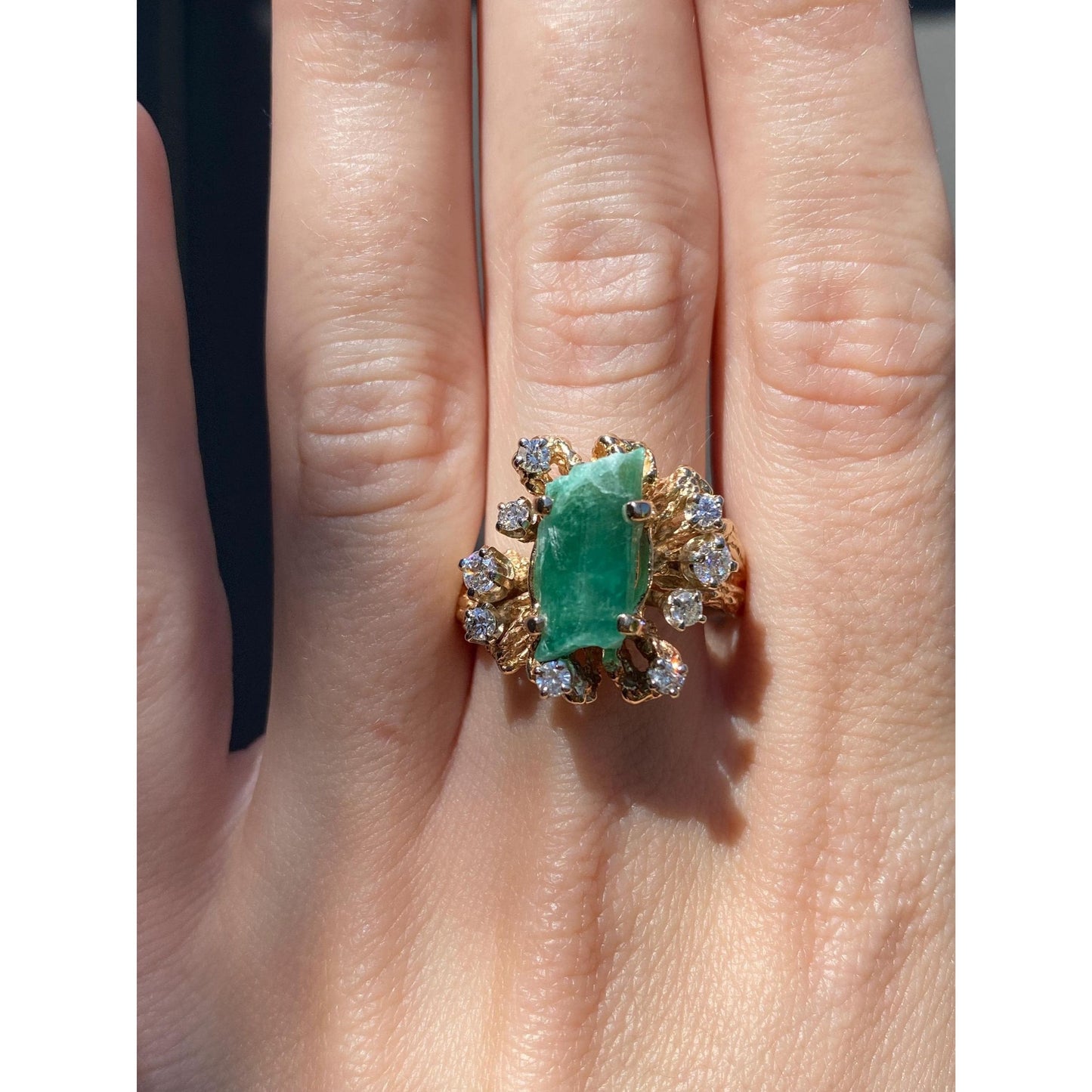 Vintage Solid 14k Yellow Gold Raw Emerald Clear Sapphire Cubic Zirconia Cluster Ring - Size 9.75