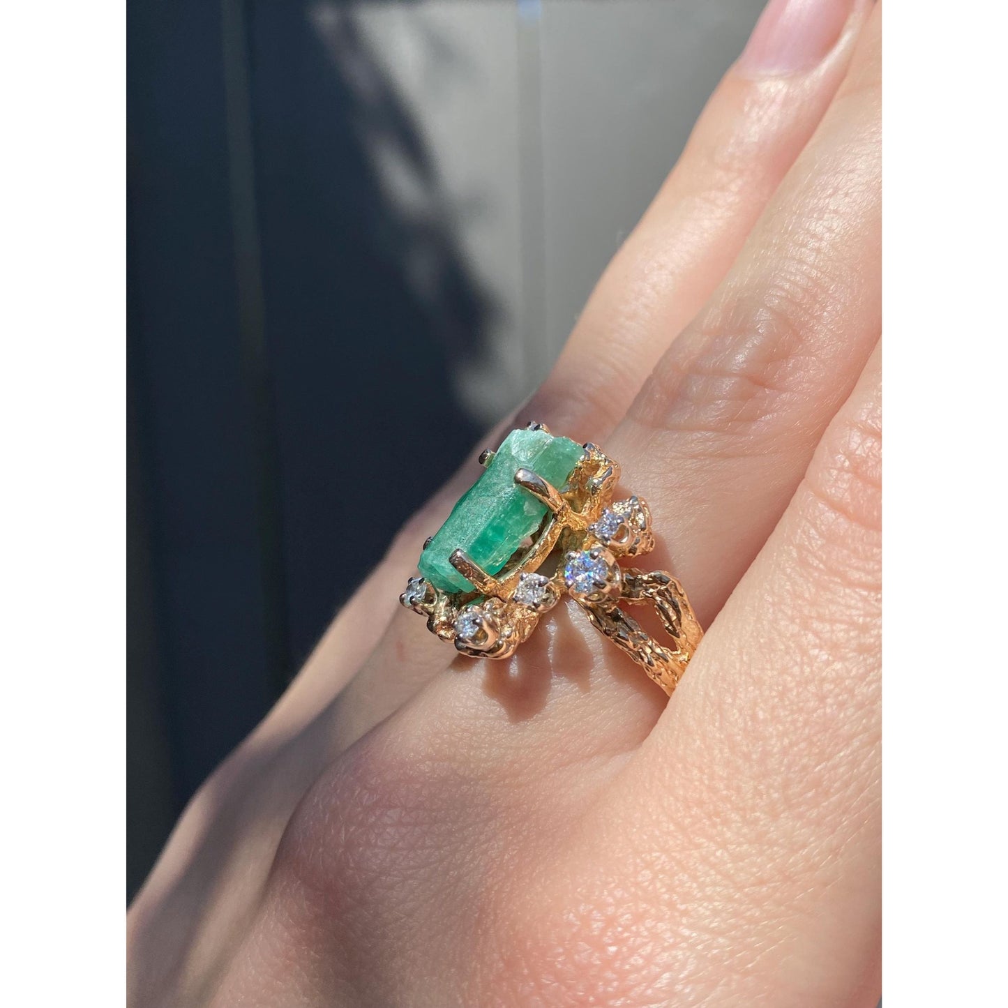Vintage Solid 14k Yellow Gold Raw Emerald Clear Sapphire Cubic Zirconia Cluster Ring - Size 9.75