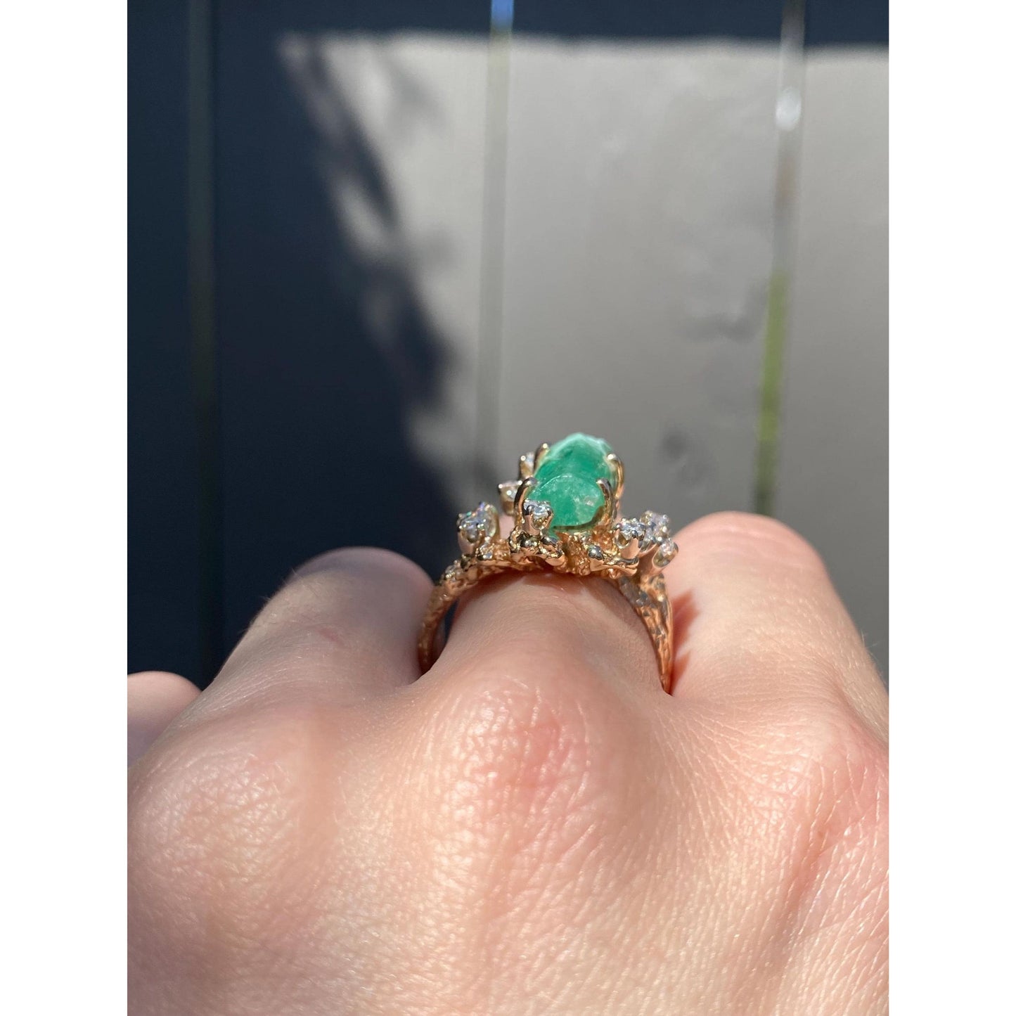 Vintage Solid 14k Yellow Gold Raw Emerald Clear Sapphire Cubic Zirconia Cluster Ring - Size 9.75