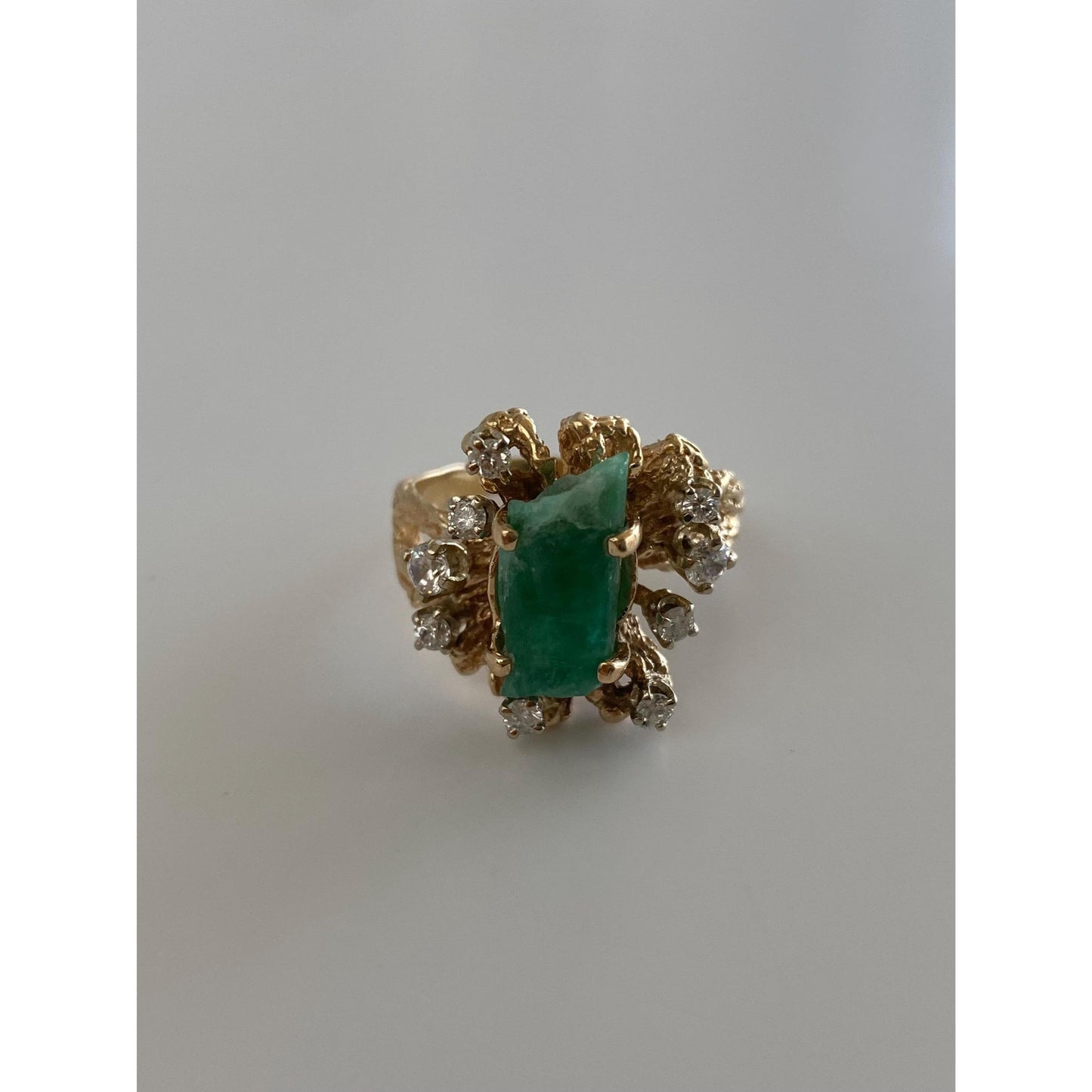 Vintage Solid 14k Yellow Gold Raw Emerald Clear Sapphire Cubic Zirconia Cluster Ring - Size 9.75