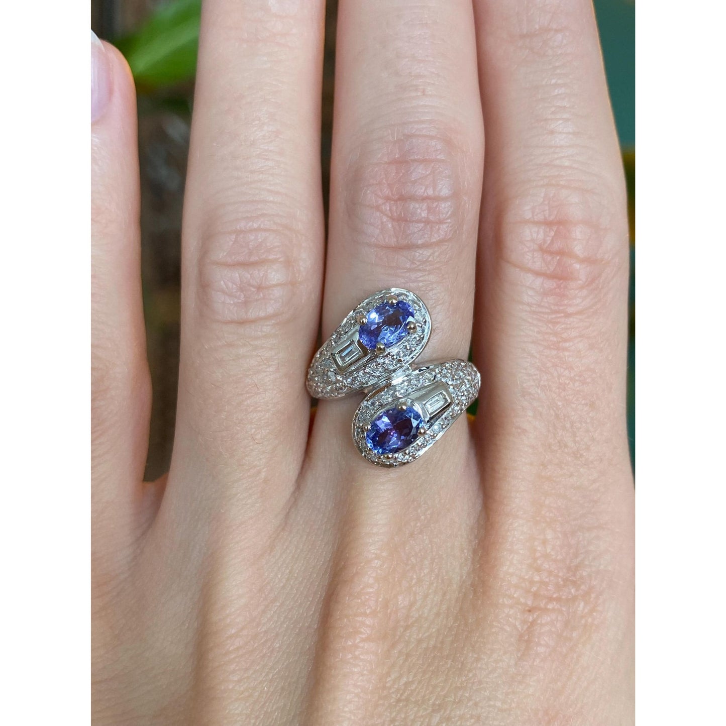 Solid 14k White Gold Diamond Tanzanite Bypass Ring - Size 5.75-6