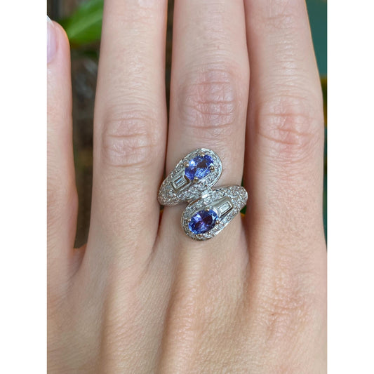 Solid 14k White Gold Diamond Tanzanite Bypass Ring - Size 5.75-6