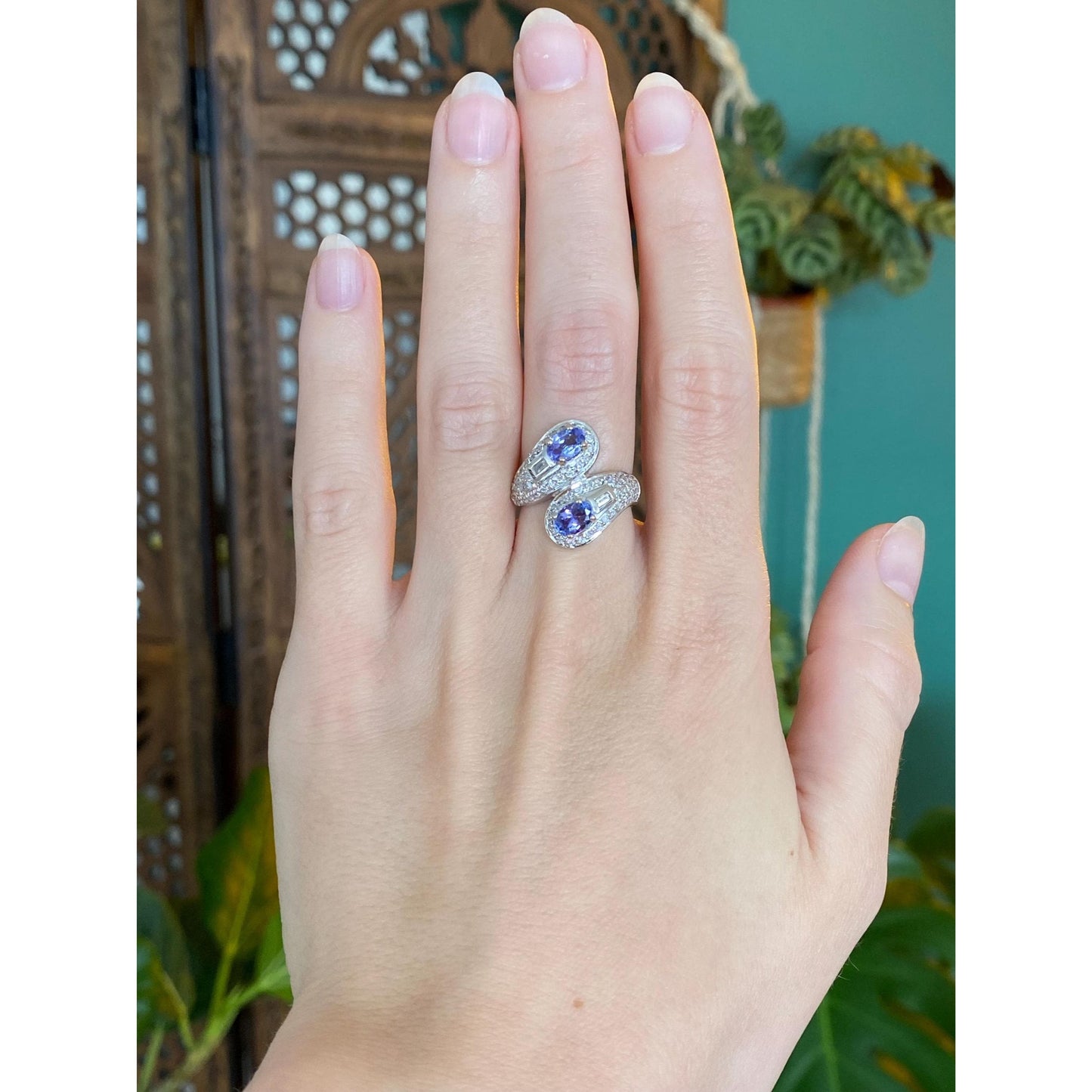 Solid 14k White Gold Diamond Tanzanite Bypass Ring - Size 5.75-6