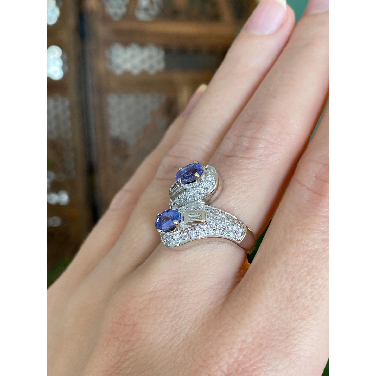 Solid 14k White Gold Diamond Tanzanite Bypass Ring - Size 5.75-6