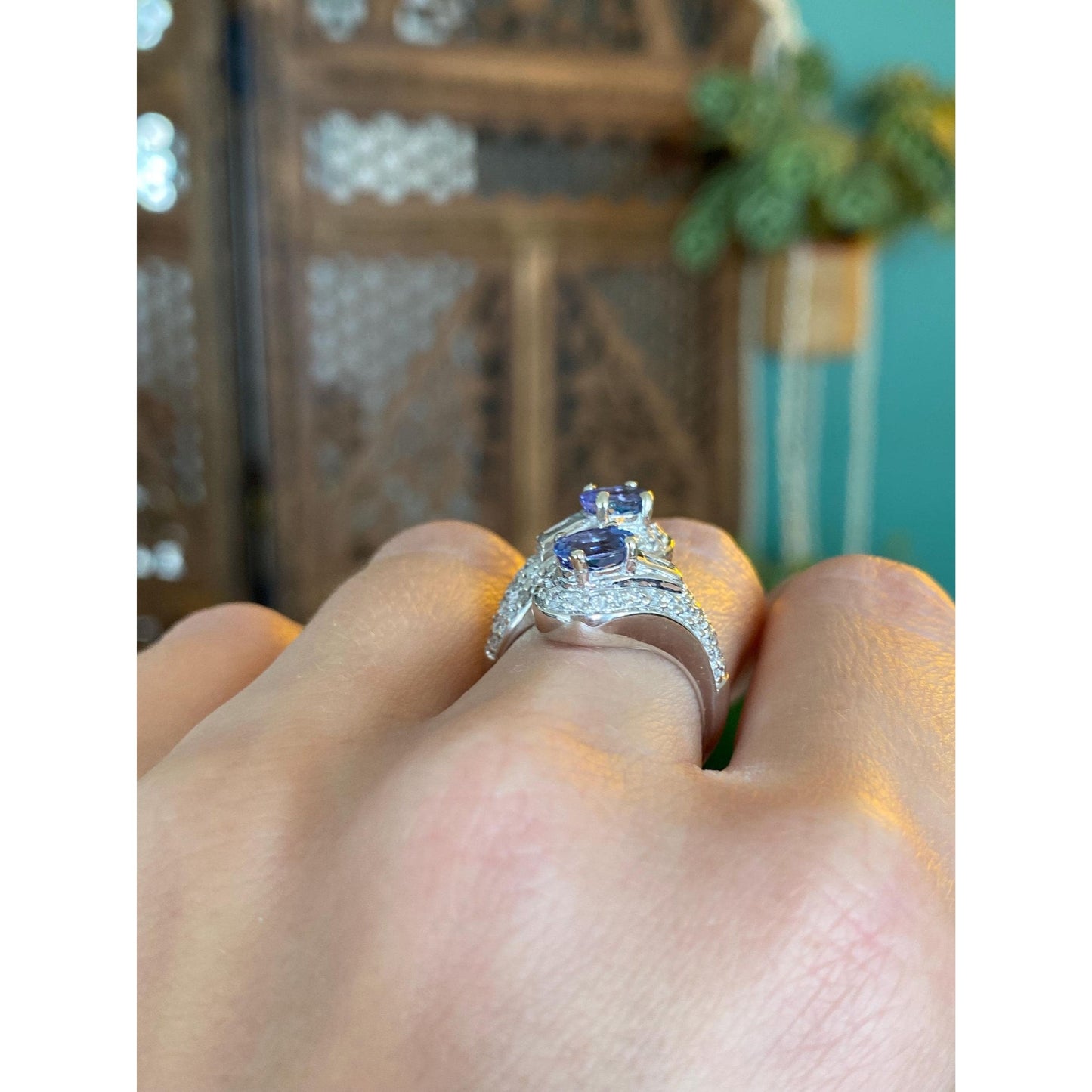 Solid 14k White Gold Diamond Tanzanite Bypass Ring - Size 5.75-6