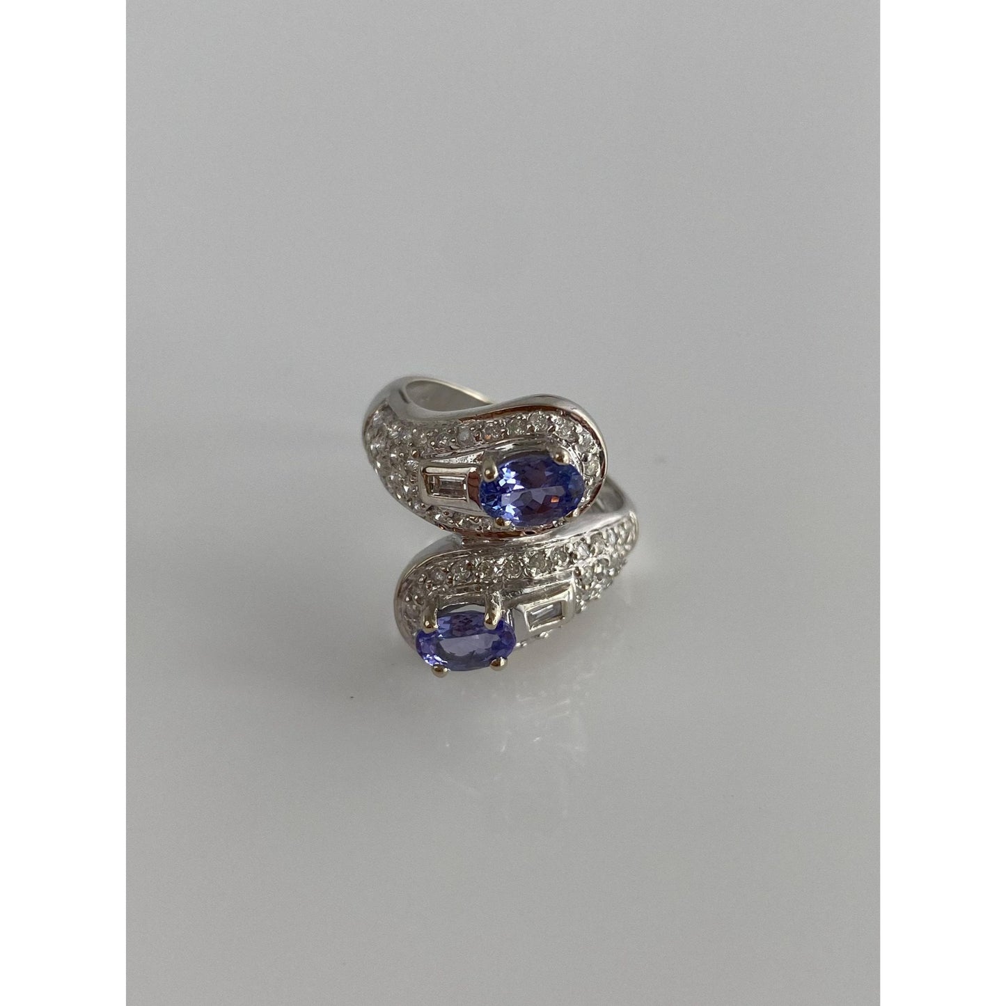 Solid 14k White Gold Diamond Tanzanite Bypass Ring - Size 5.75-6