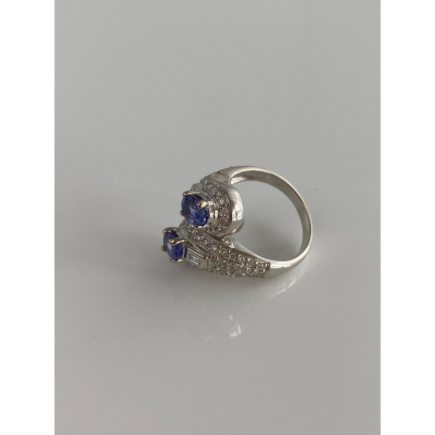 Solid 14k White Gold Diamond Tanzanite Bypass Ring - Size 5.75-6