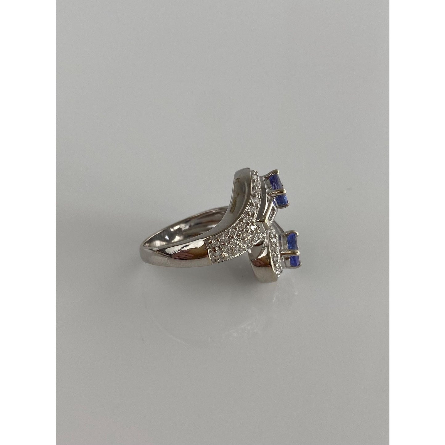 Solid 14k White Gold Diamond Tanzanite Bypass Ring - Size 5.75-6