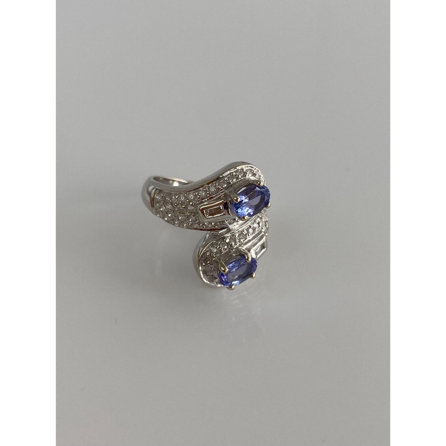 Solid 14k White Gold Diamond Tanzanite Bypass Ring - Size 5.75-6
