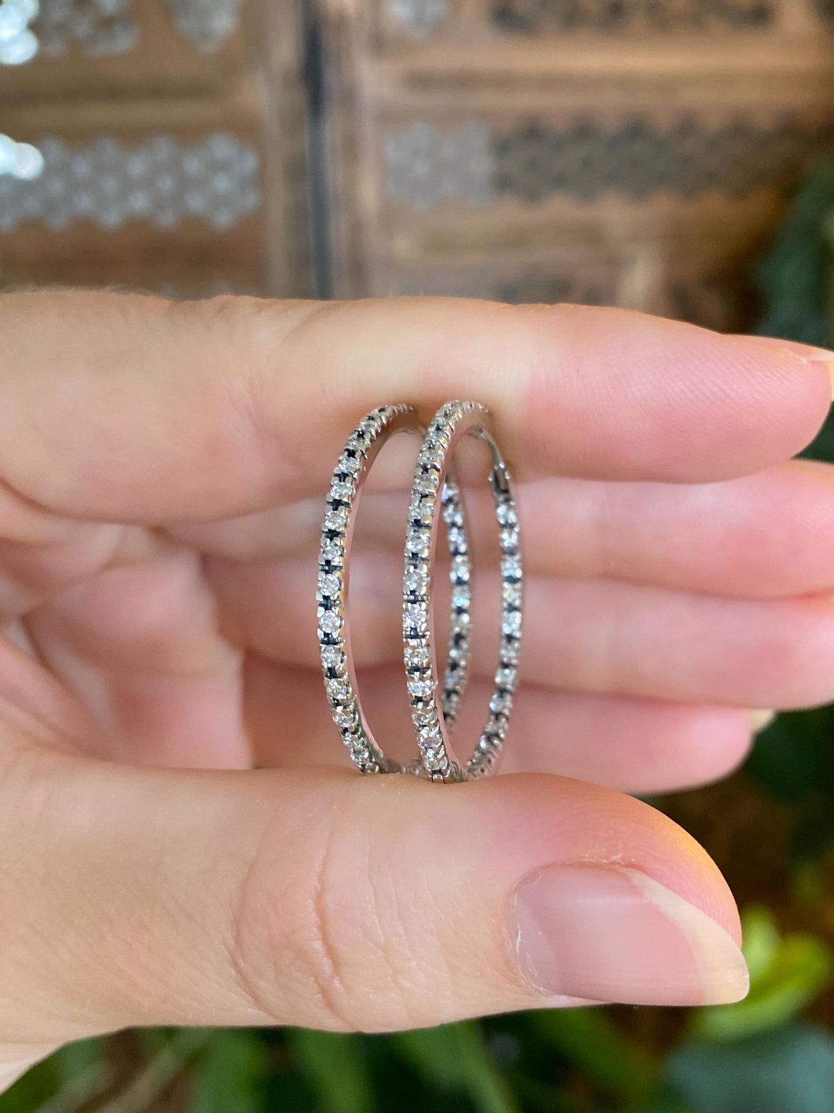 Vintage Solid 18k White Gold Diamond Hoop Earrings