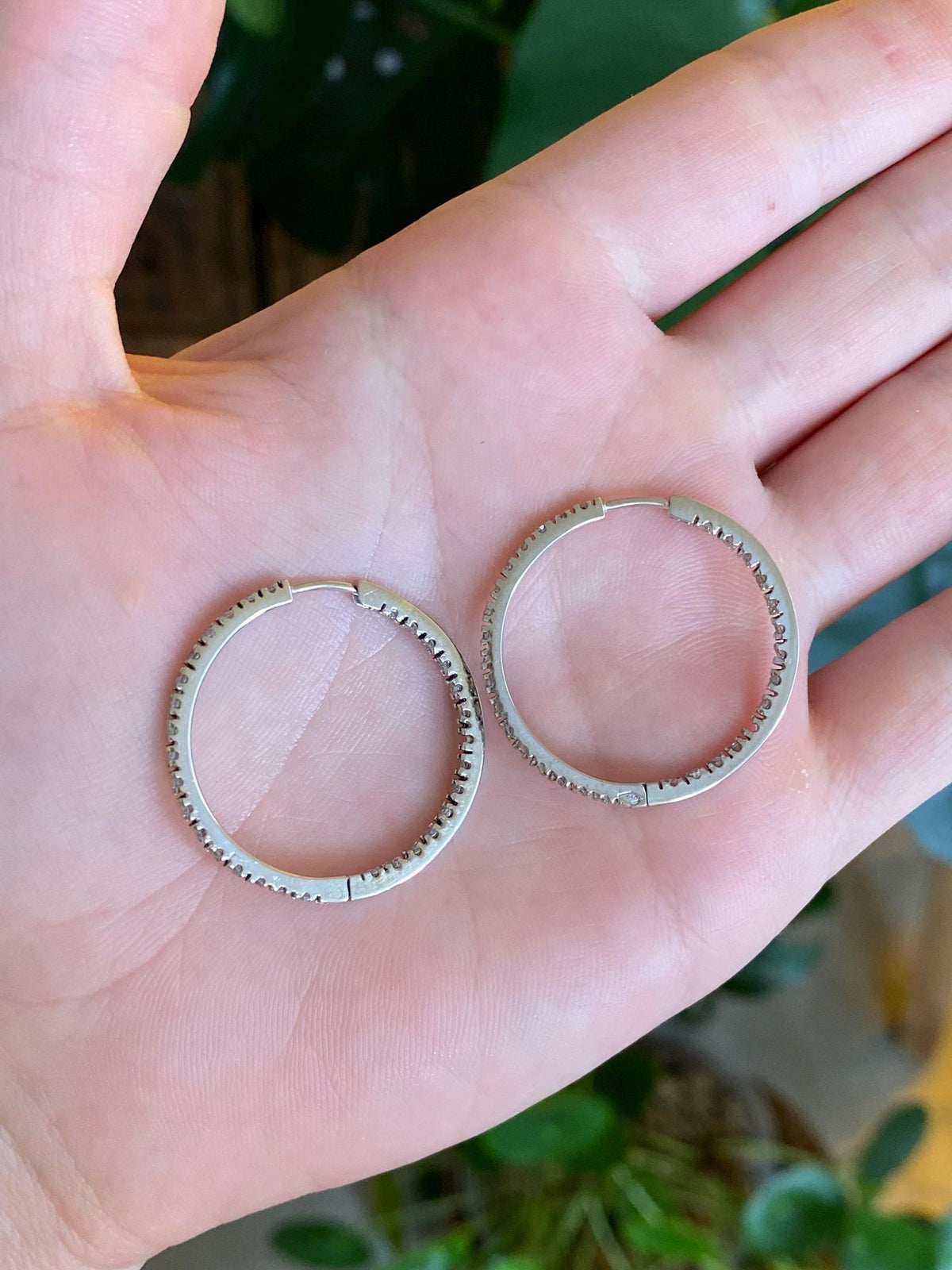 Vintage Solid 18k White Gold Diamond Hoop Earrings