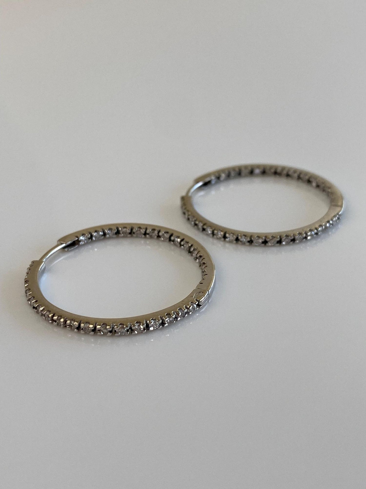 Vintage Solid 18k White Gold Diamond Hoop Earrings
