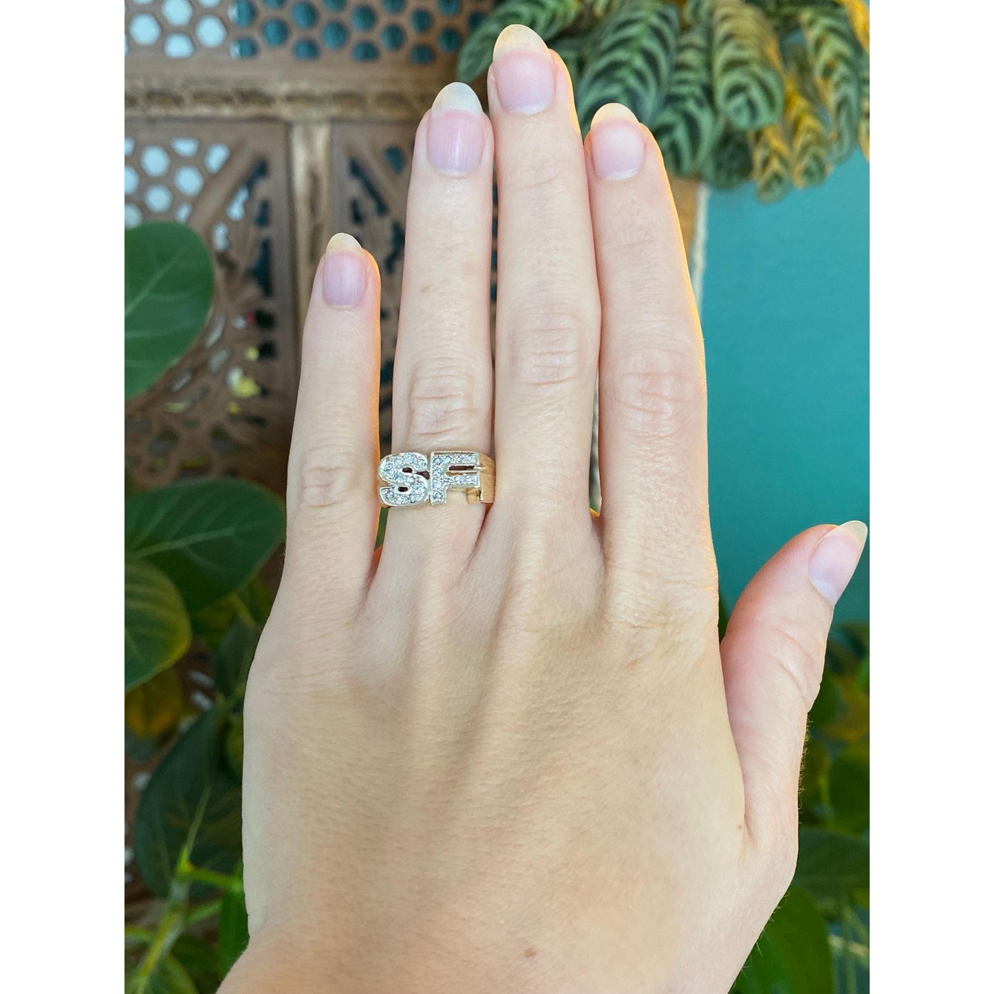 Vintage Solid 14k Yellow Gold Diamond Initial 'SF' Ring Band - Size 5.25