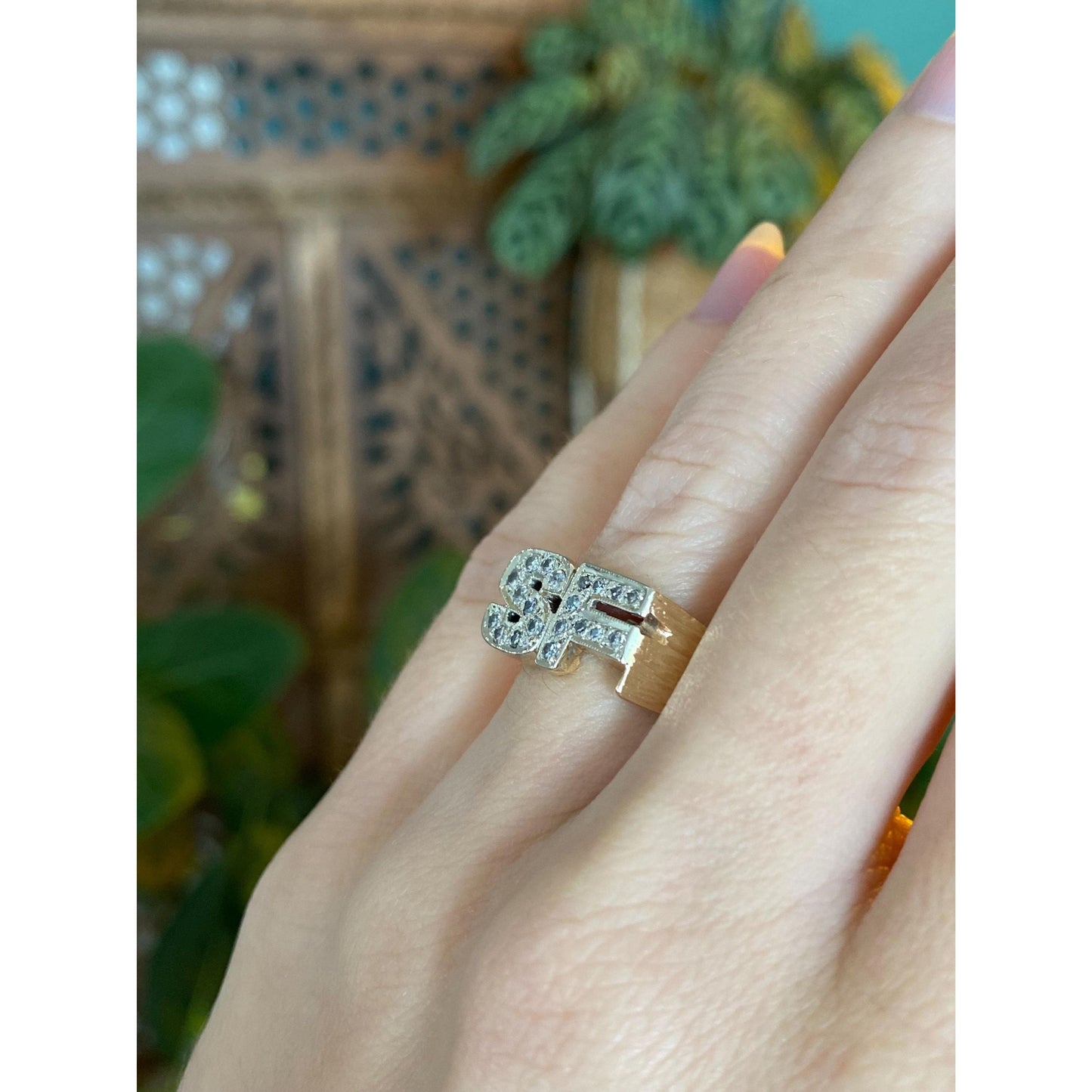 Vintage Solid 14k Yellow Gold Diamond Initial 'SF' Ring Band - Size 5.25