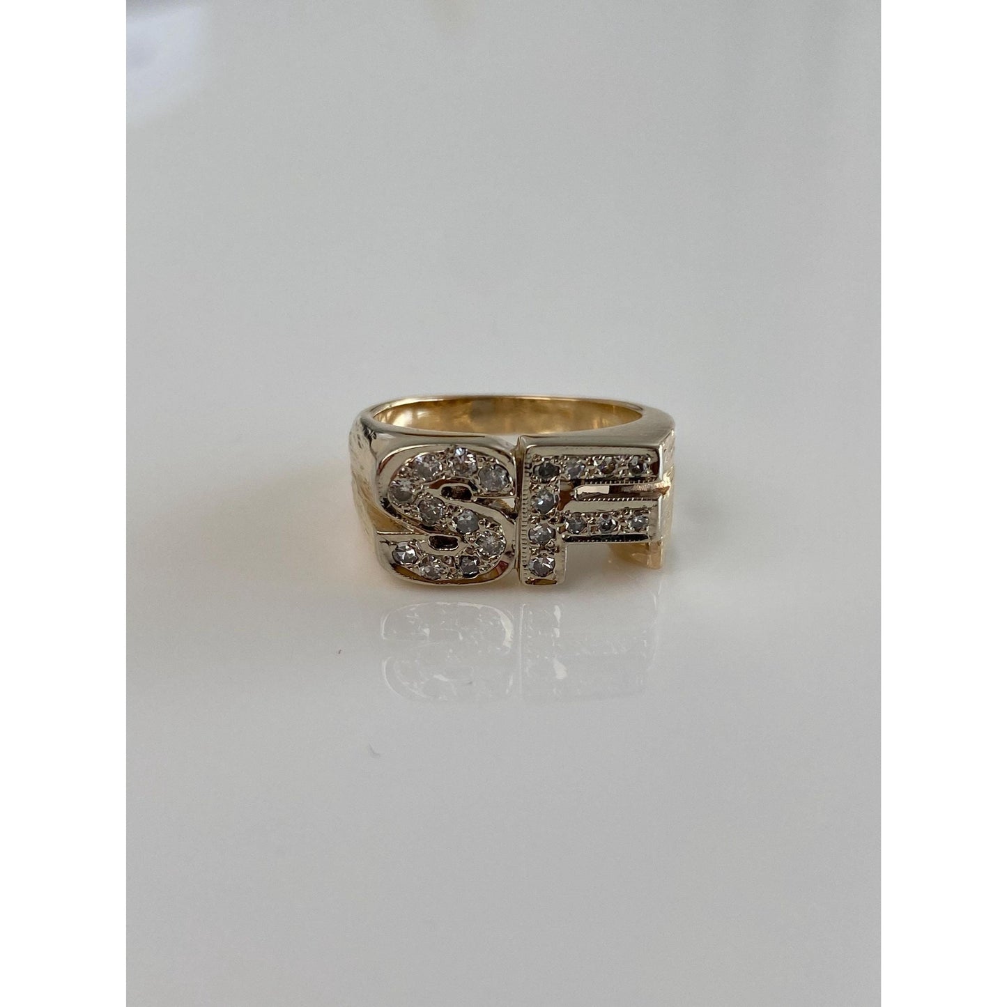 Vintage Solid 14k Yellow Gold Diamond Initial 'SF' Ring Band - Size 5.25