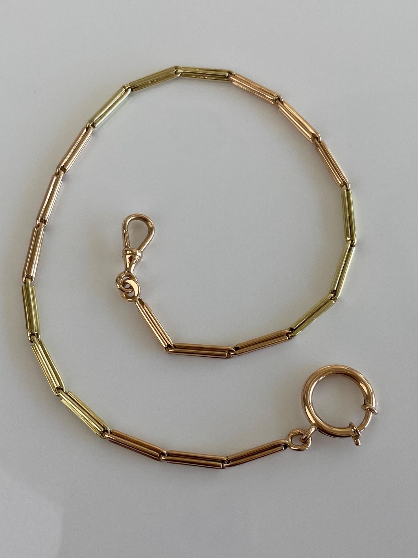 Vintage Solid 14k Rose & Yellow Gold Barrel Link Pocket Watch Chain - 13 inches