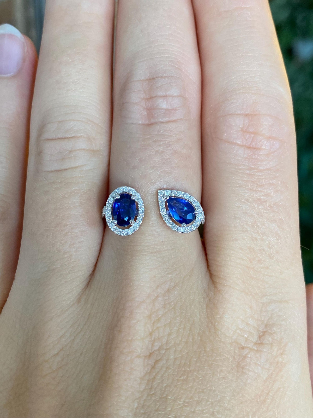 Vintage Solid 18k White Gold Diamond Halo Blue Sapphires Bypass Ring - Size 6.25