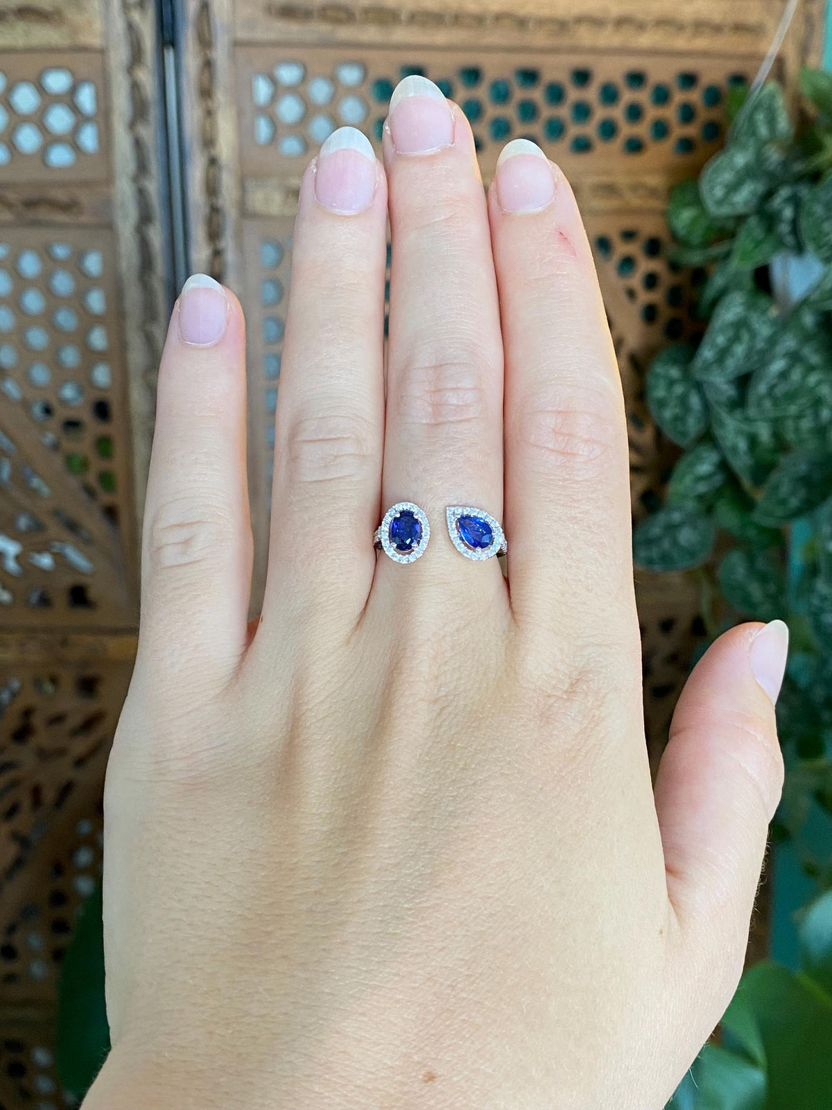Vintage Solid 18k White Gold Diamond Halo Blue Sapphires Bypass Ring - Size 6.25