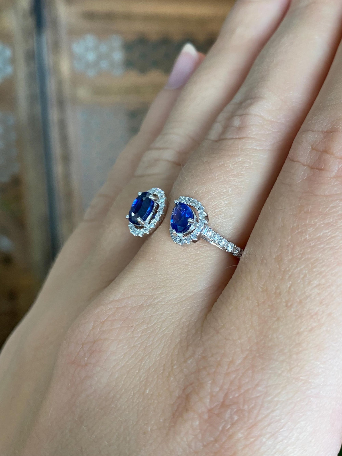 Vintage Solid 18k White Gold Diamond Halo Blue Sapphires Bypass Ring - Size 6.25