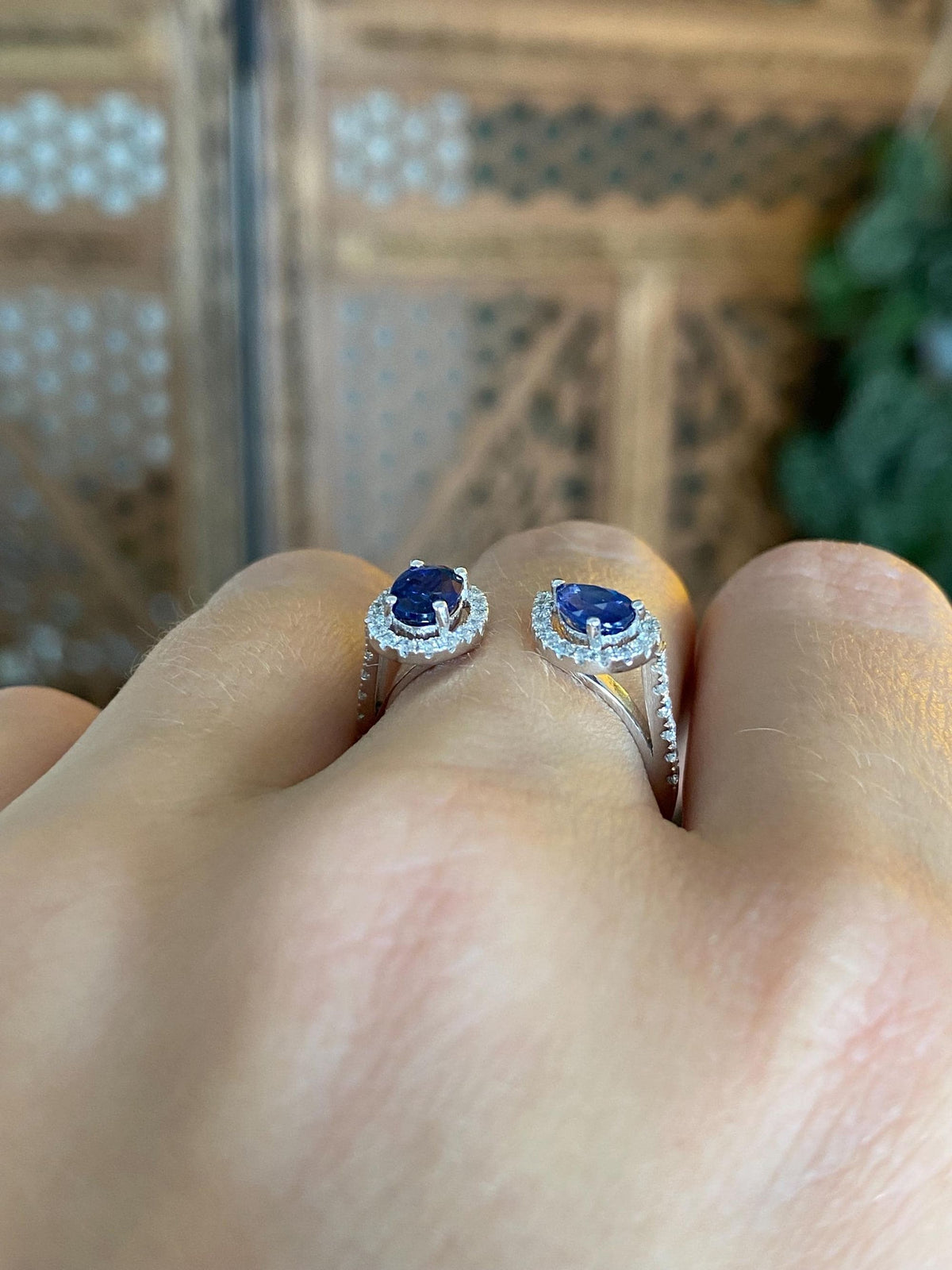 Vintage Solid 18k White Gold Diamond Halo Blue Sapphires Bypass Ring - Size 6.25