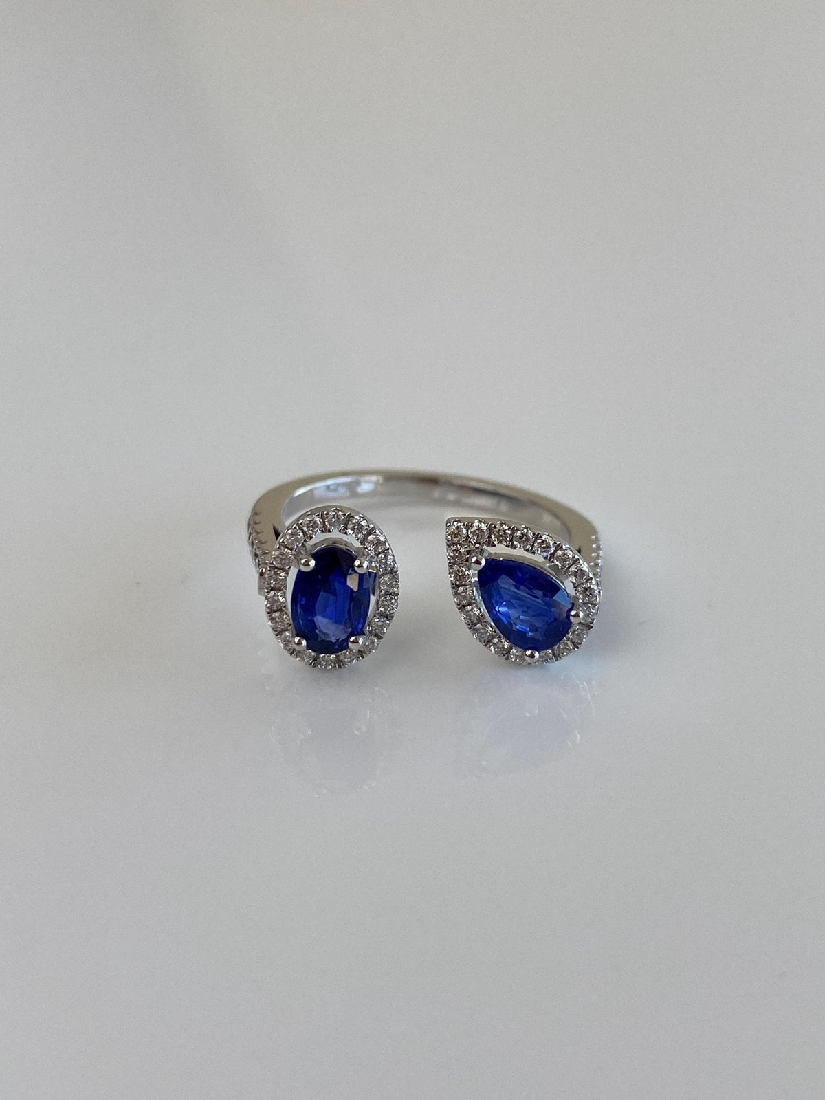 Vintage Solid 18k White Gold Diamond Halo Blue Sapphires Bypass Ring - Size 6.25