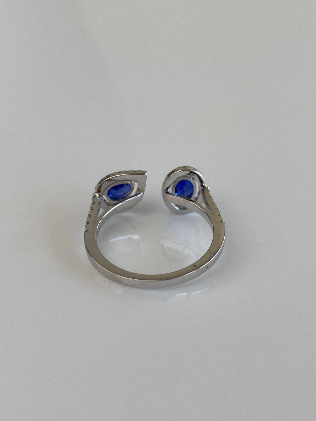 Vintage Solid 18k White Gold Diamond Halo Blue Sapphires Bypass Ring - Size 6.25