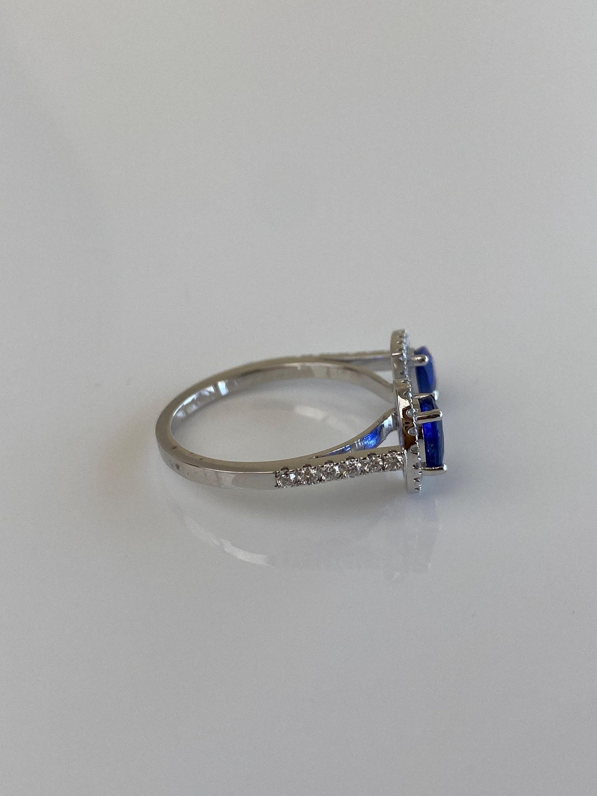 Vintage Solid 18k White Gold Diamond Halo Blue Sapphires Bypass Ring - Size 6.25