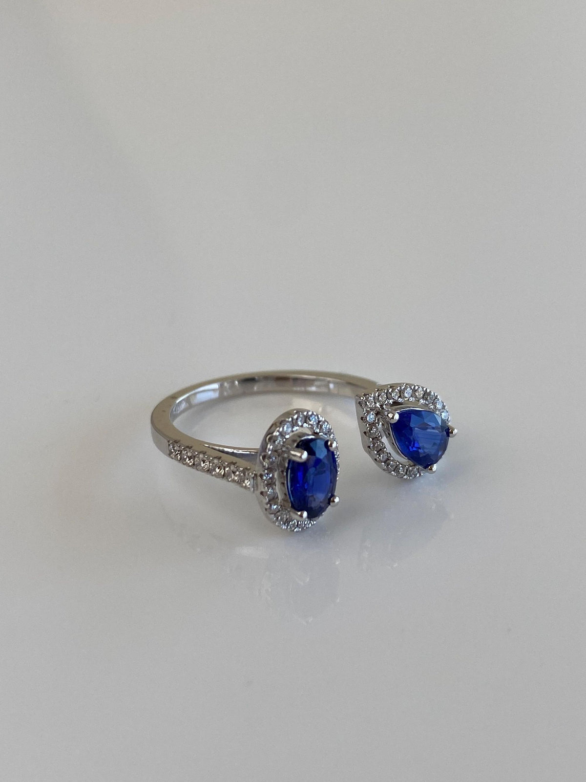 Vintage Solid 18k White Gold Diamond Halo Blue Sapphires Bypass Ring - Size 6.25