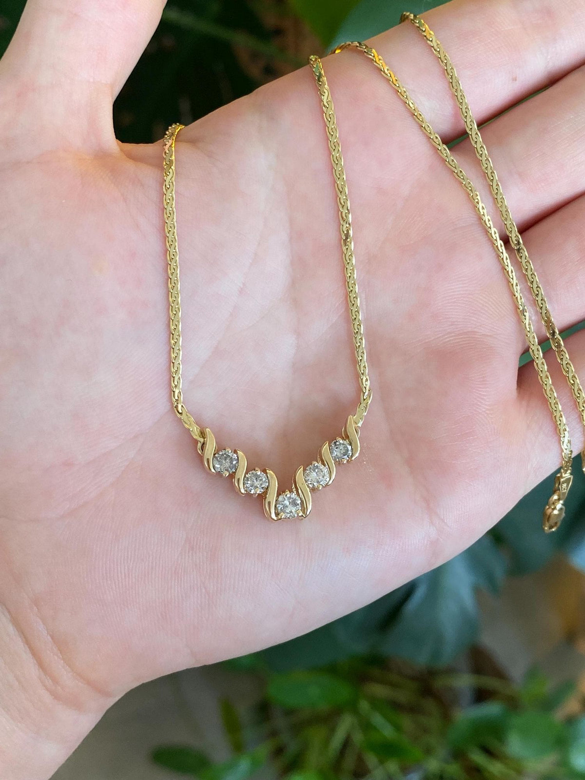 Vintage Solid 14k Yellow Gold Diamonds Flat Wheat Chain Necklace - 17 inches