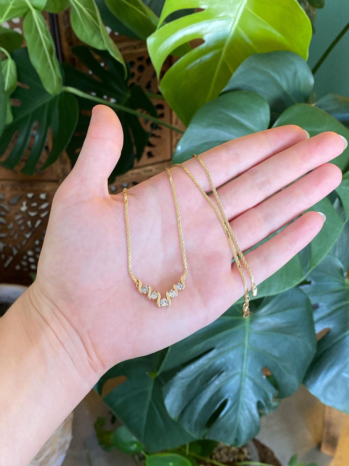 Vintage Solid 14k Yellow Gold Diamonds Flat Wheat Chain Necklace - 17 inches