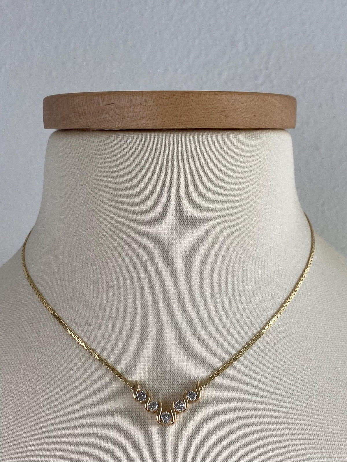 Vintage Solid 14k Yellow Gold Diamonds Flat Wheat Chain Necklace - 17 inches