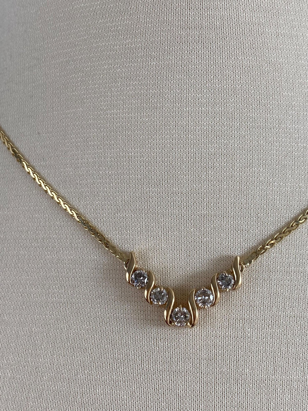 Vintage Solid 14k Yellow Gold Diamonds Flat Wheat Chain Necklace - 17 inches