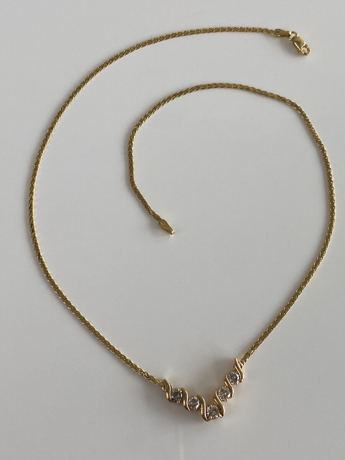 Vintage Solid 14k Yellow Gold Diamonds Flat Wheat Chain Necklace - 17 inches