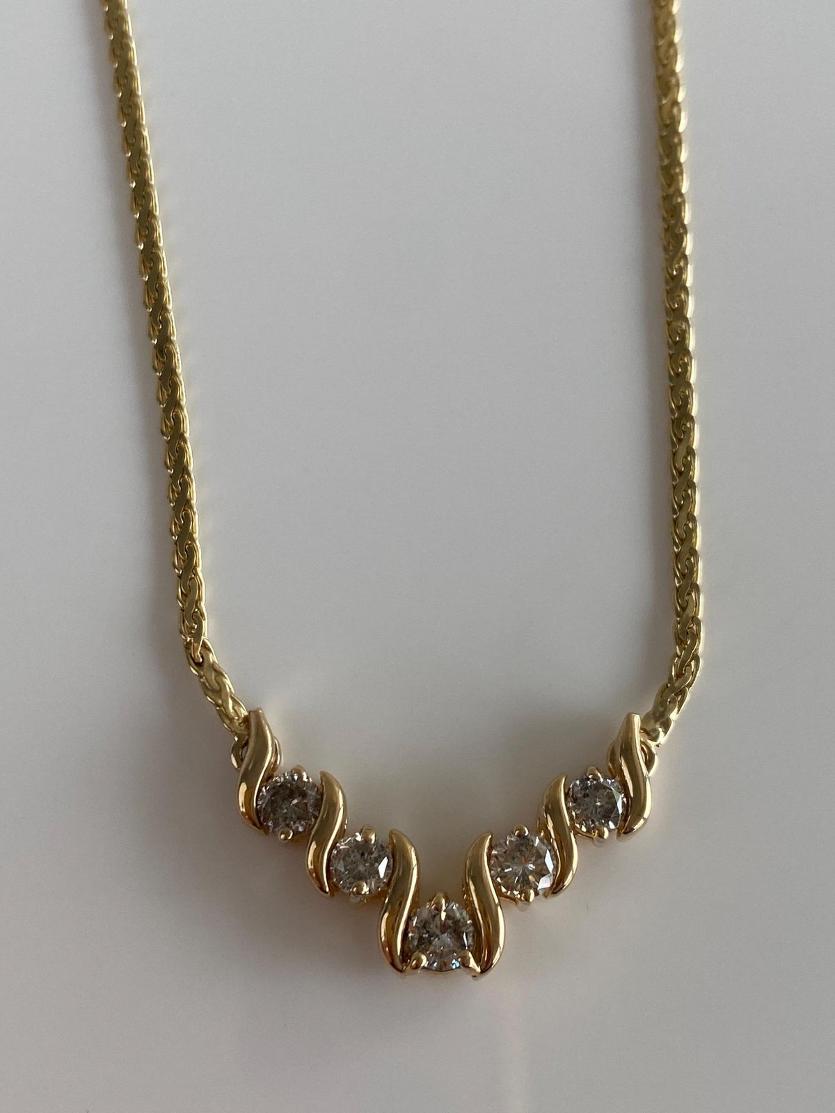 Vintage Solid 14k Yellow Gold Diamonds Flat Wheat Chain Necklace - 17 inches
