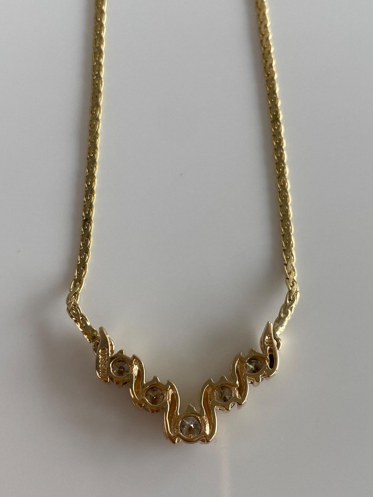 Vintage Solid 14k Yellow Gold Diamonds Flat Wheat Chain Necklace - 17 inches
