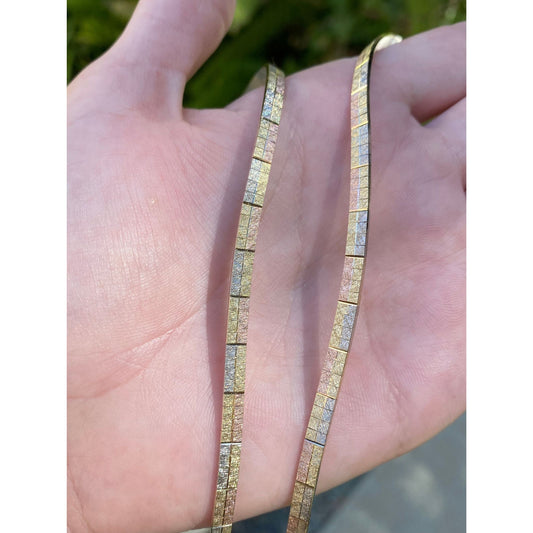 Vintage Solid 14k Tri Tone Gold Checkerboard Pattern Omega Chain Necklace - 16 inches