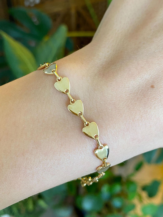 Vintage Solid 14k Yellow Gold Heart Link Bracelet - 7 inches