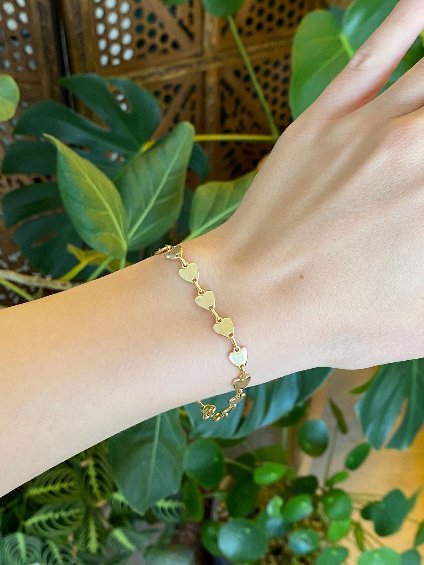 Vintage Solid 14k Yellow Gold Heart Link Bracelet - 7 inches