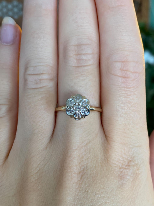 Vintage Solid 10k White & Yellow Gold Diamond Cluster Ring - Size 9