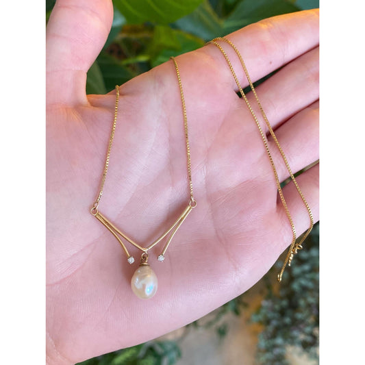 Vintage Solid 14k Yellow Gold Clear Sapphire Pearl Box Chain Necklace - 17.25 inches