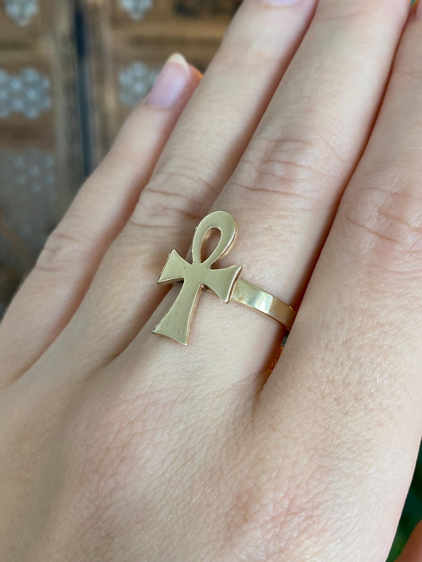 Vintage Solid 10k Yellow Gold Ankh Ring - Size 7