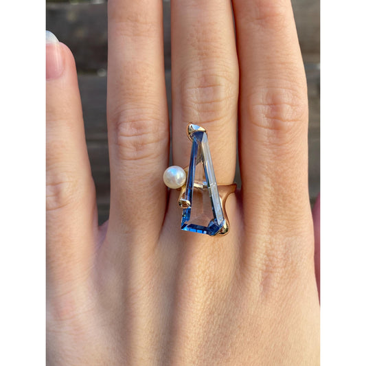 Vintage Solid 14k Yellow Gold Large Topaz Pearl Ring - Size 5.5