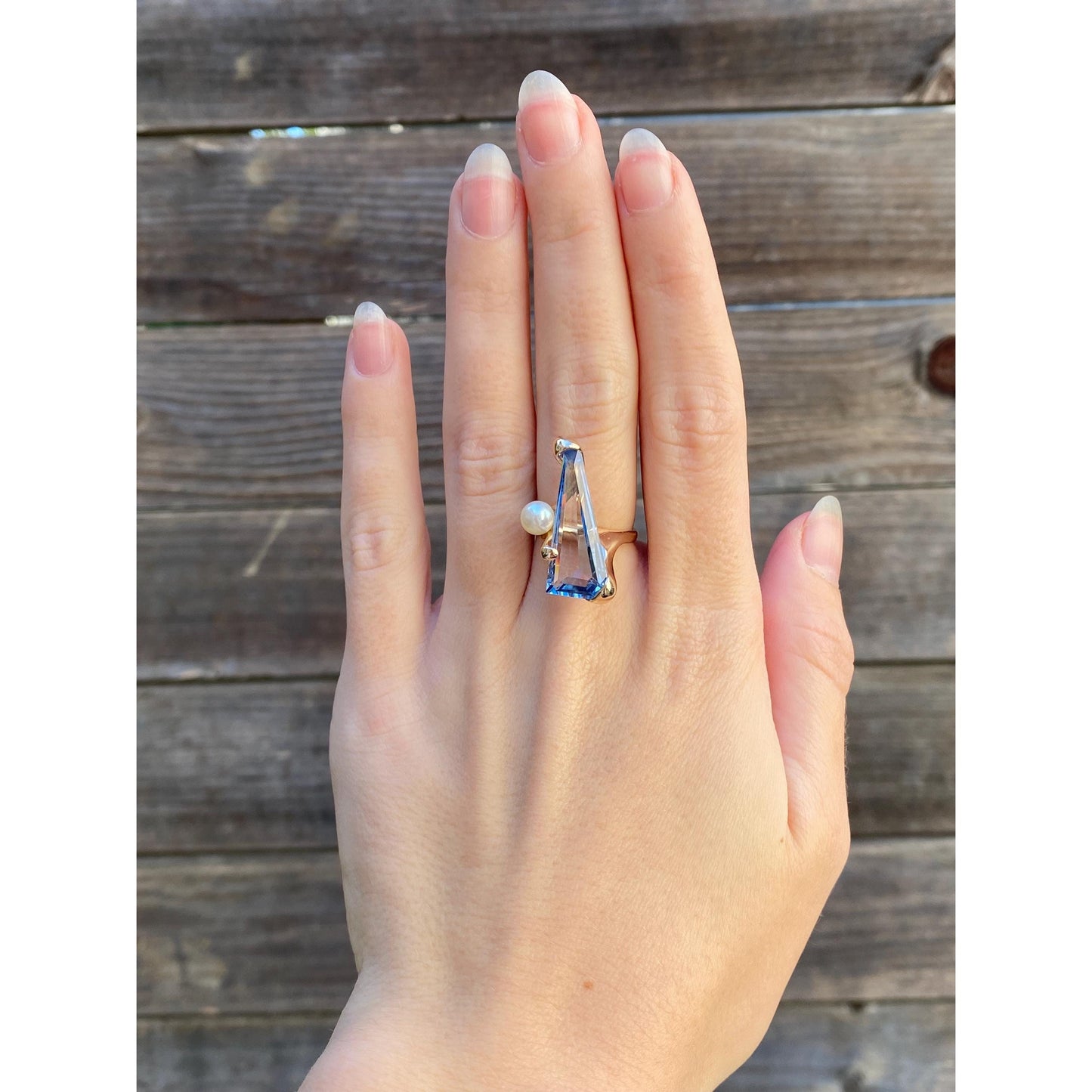 Vintage Solid 14k Yellow Gold Large Topaz Pearl Ring - Size 5.5