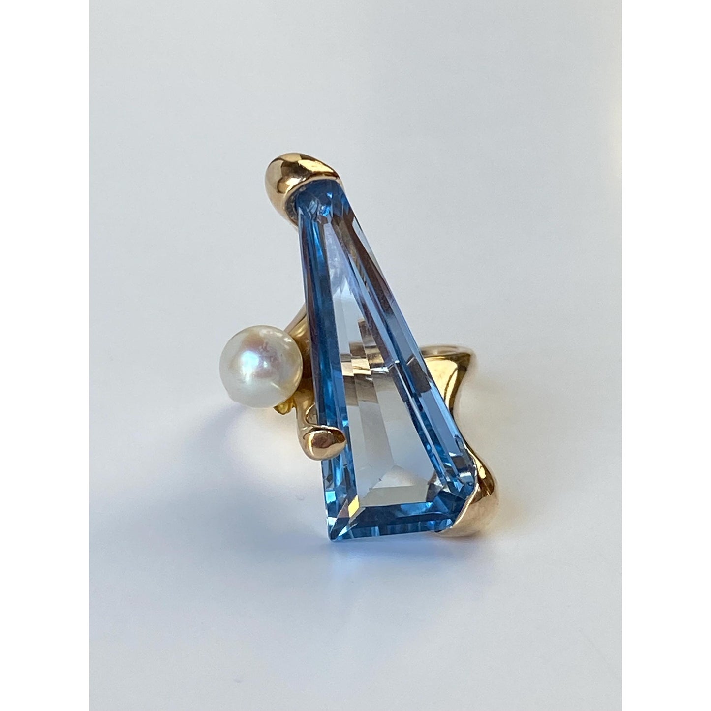 Vintage Solid 14k Yellow Gold Large Topaz Pearl Ring - Size 5.5