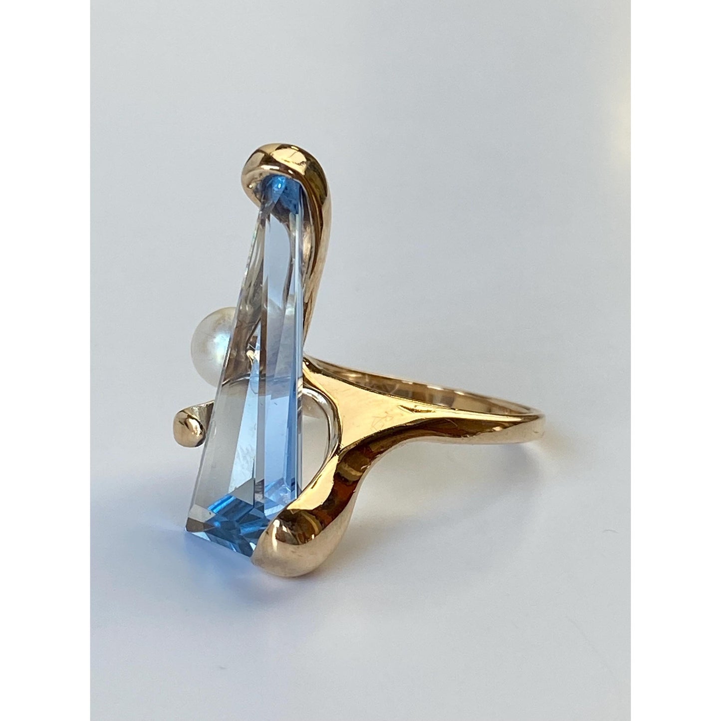 Vintage Solid 14k Yellow Gold Large Topaz Pearl Ring - Size 5.5