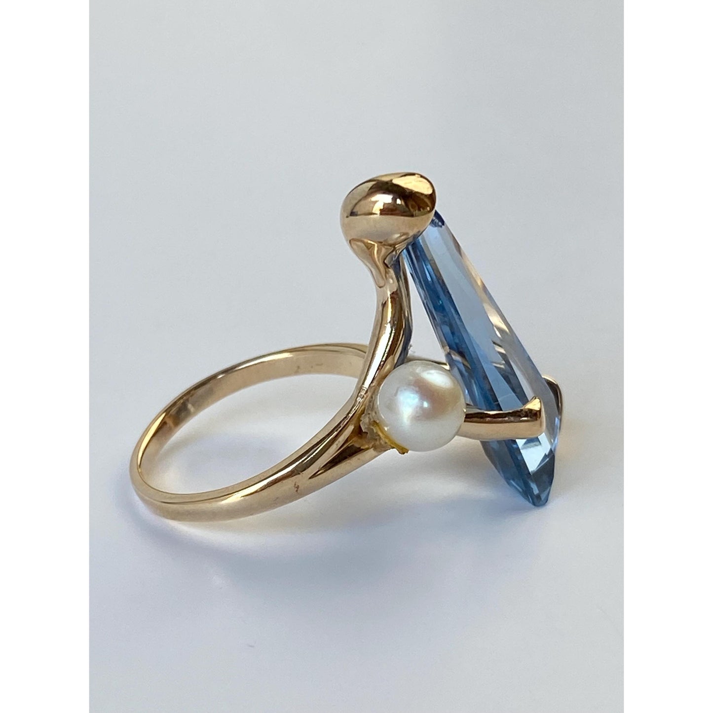 Vintage Solid 14k Yellow Gold Large Topaz Pearl Ring - Size 5.5