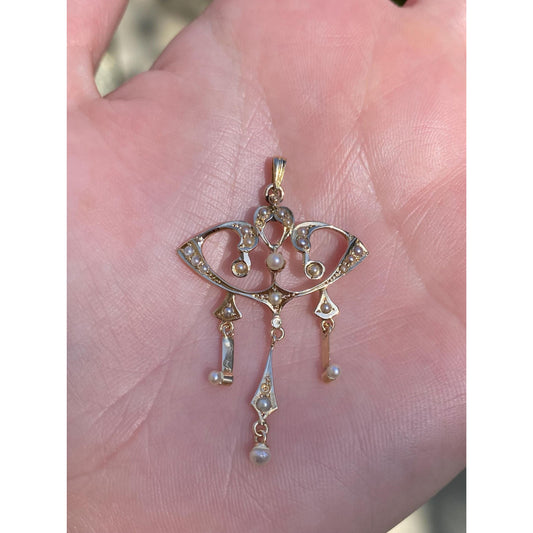 Vintage Solid 14k Yellow Gold Seed Pearl Dangle Charm