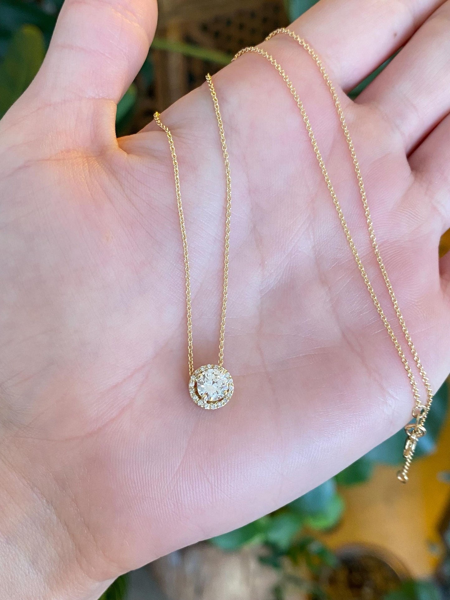 Vintage Solid 14k Yellow Gold Diamond Halo Diamond Dainty Rolo Chain Necklace - 16 inches