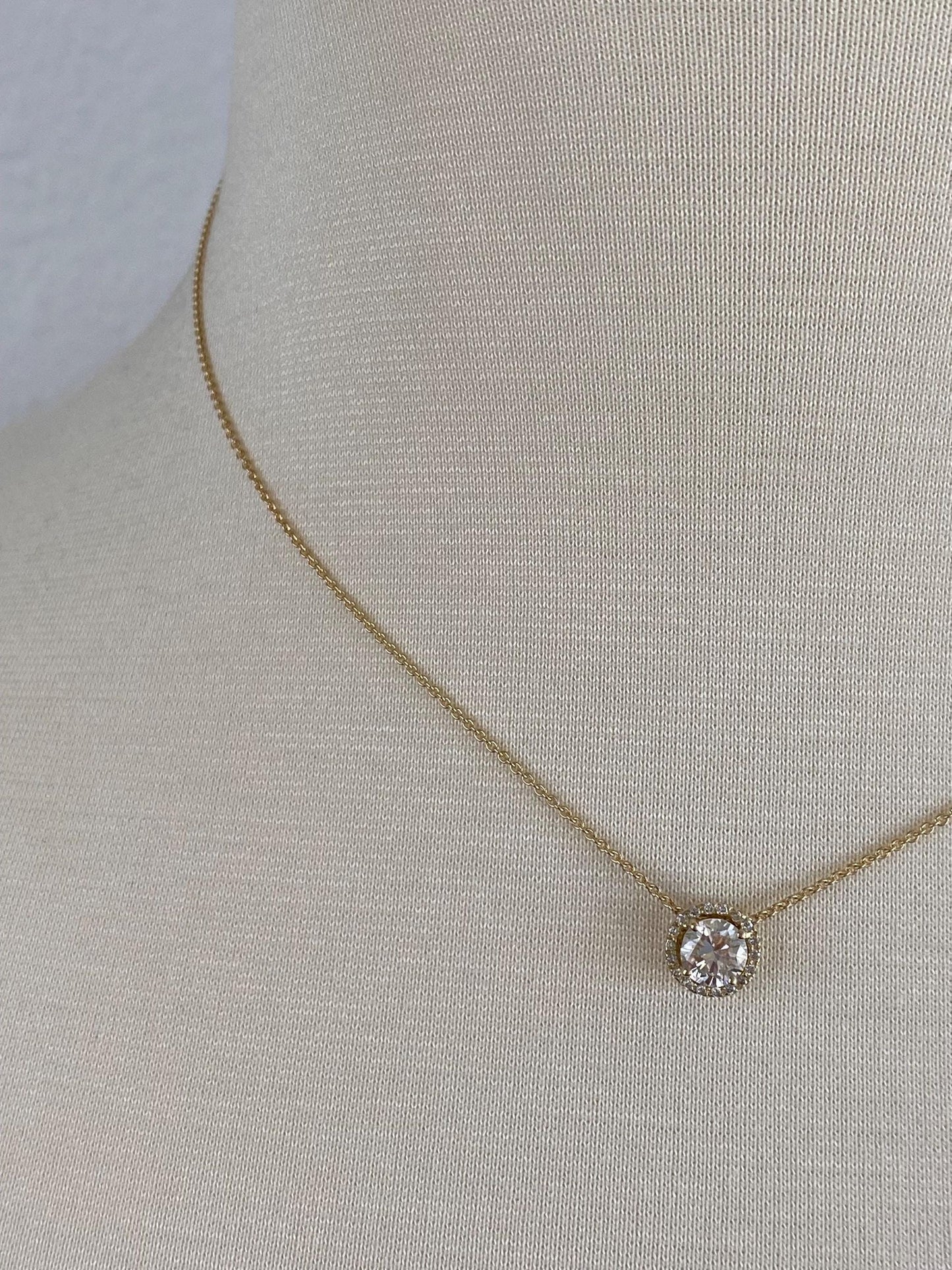 Vintage Solid 14k Yellow Gold Diamond Halo Diamond Dainty Rolo Chain Necklace - 16 inches